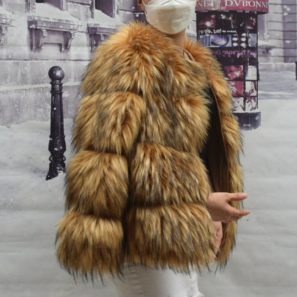 HOOOFUR Faux Fur Coat Women's Jacket Winter Fashion Warm Thick Fox Raccoon Leather Brown Plus Size Especially Fake Fur Cold - Matrix Studios