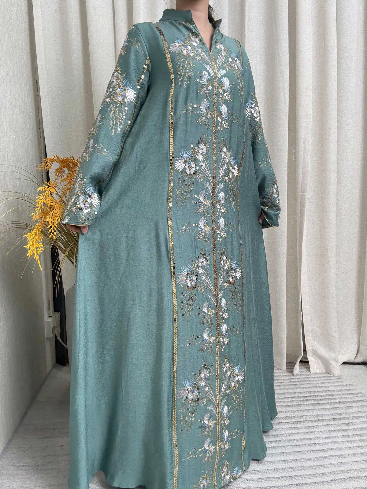 2025 Teal Muslim Abaya with Stand Collar and Exquisite Floral Embroidery Ideal for Islamic Festivities and Ramadan Celebrations - Matrix-studios.com