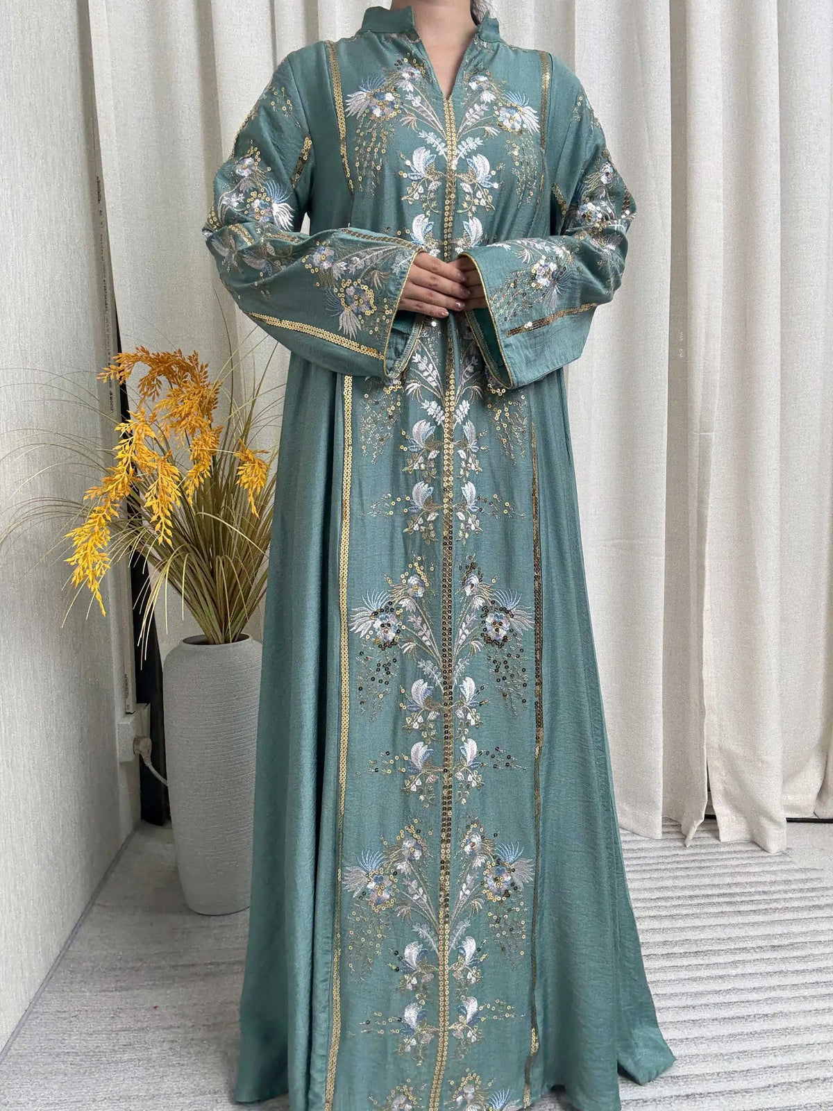 2025 Teal Muslim Abaya with Stand Collar and Exquisite Floral Embroidery Ideal for Islamic Festivities and Ramadan Celebrations - Matrix-studios.com