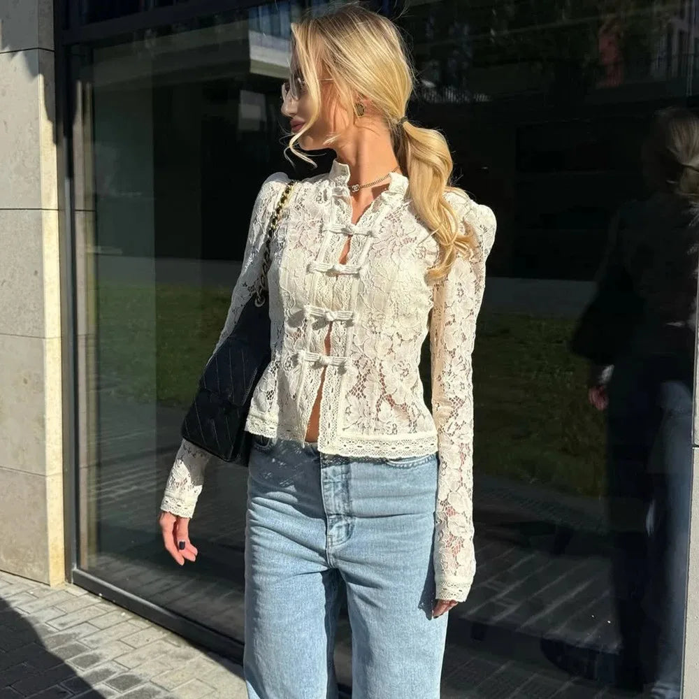 Ladies Vintage Lace Blouse Shirts Women Summer Hollow Out Casual Sand Collar Elegant Embroidery Puff Sleeve Sexy Top Shirts - Matrix-studios.com