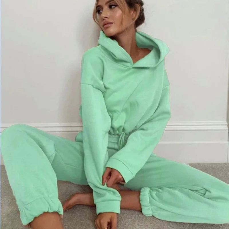 Winter Tracksuit Women Two Piece Set - Oversized Hoodie Sweatpants Solid Color Sportswear Suit |Casual Sweatshirt Trouser Set - Matrix-studios.com