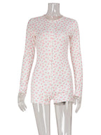 Ahagaga Casual Women Playsuits O-Neck Regular Long Sleeves Print Single Breasted Skinny Homewear Floral Sweet Femlae Rompers - Matrix Studios