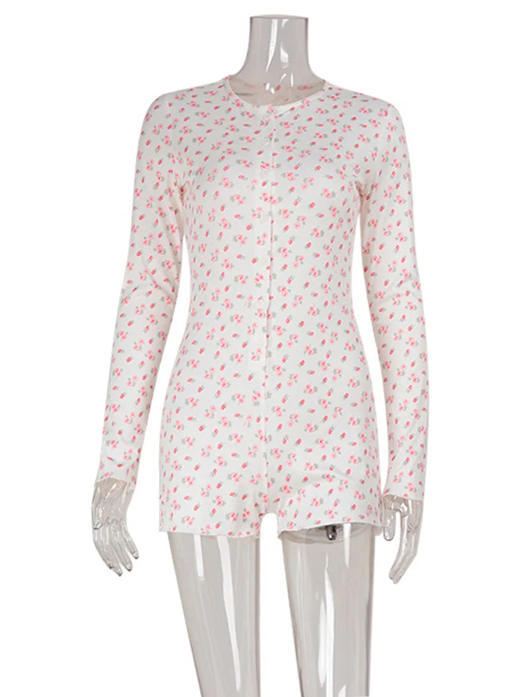 Ahagaga Casual Women Playsuits O-Neck Regular Long Sleeves Print Single Breasted Skinny Homewear Floral Sweet Femlae Rompers - Matrix Studios