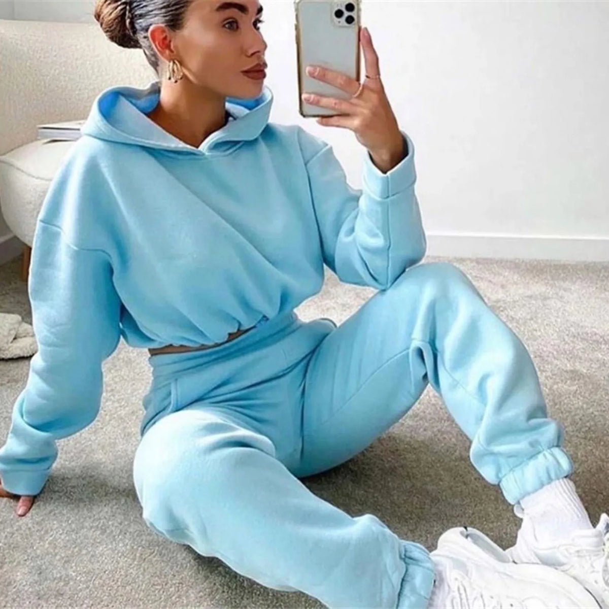 Winter Tracksuit Women Two Piece Set - Oversized Hoodie Sweatpants Solid Color Sportswear Suit |Casual Sweatshirt Trouser Set - Matrix-studios.com