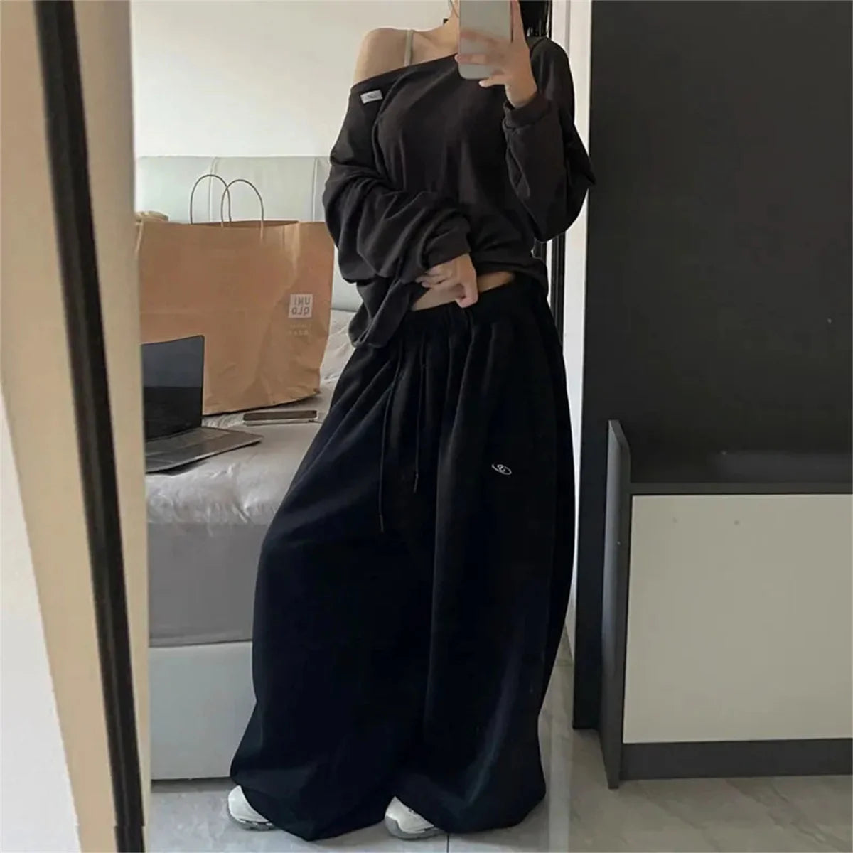 Oversize Woman Grey Black Sweatpants Y2K Korean Streetwear Loose Casual Jogger Pants High Waist All Match Drawstring Trousers - Matrix-studios.com