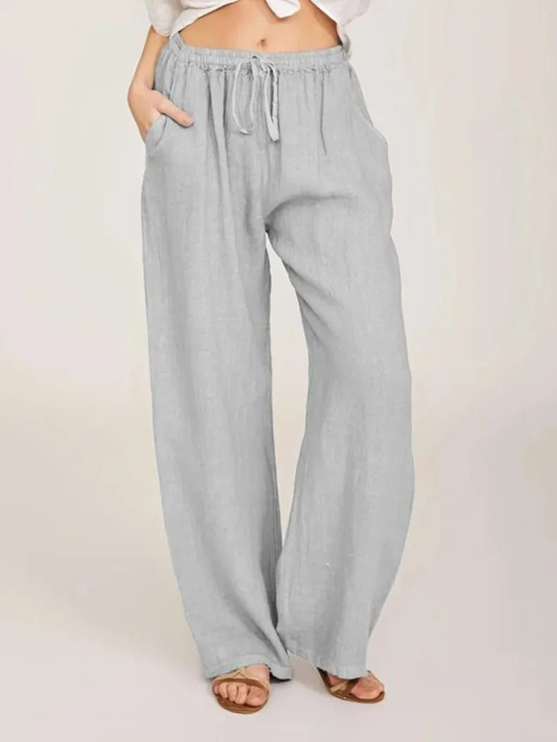 Women's Cotton Linen Pants Casual Loose Solid Elastic Waist Pocket Straight Trousers Ladies Oversize Wide Leg Pant Streetwear - Matrix-studios.com