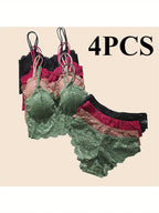 4pcs Women'S Sexy Lace Bra & Panty Set, Breathable & Comfortable, Removable Bra, Stretchy Lingerie Set - Matrix-studios.com