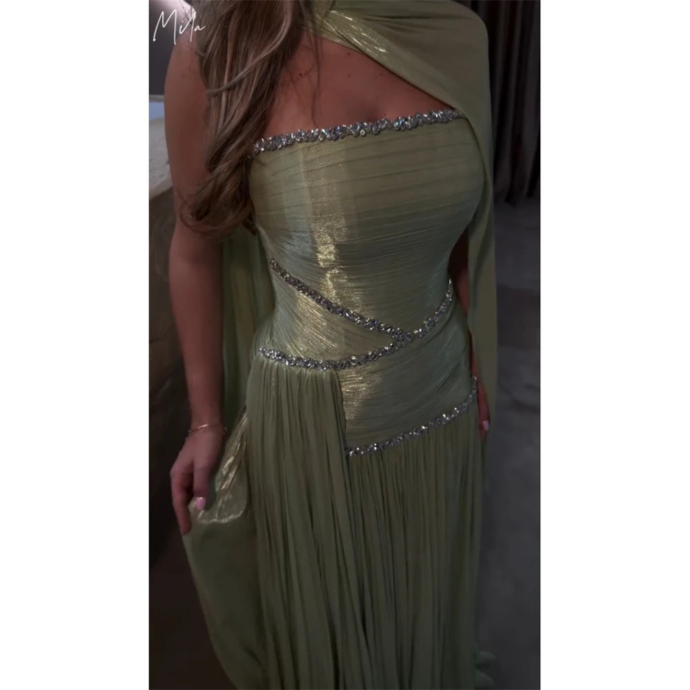 Mila Customized Sage Green A-Line Shawl Strapless Prom Dress Crystal Pleated Formal Evening Floor-Length Vestidos De Fiesta - Matrix-studios.com
