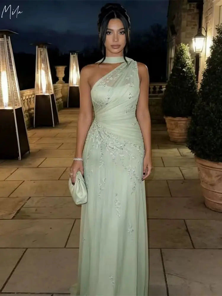 Mila Customized A-line Light Green Floral Embroidery Prom Dress One Shoulder Formal Evening Floor-length Vestidos De Fiesta 2026 - Matrix Studios