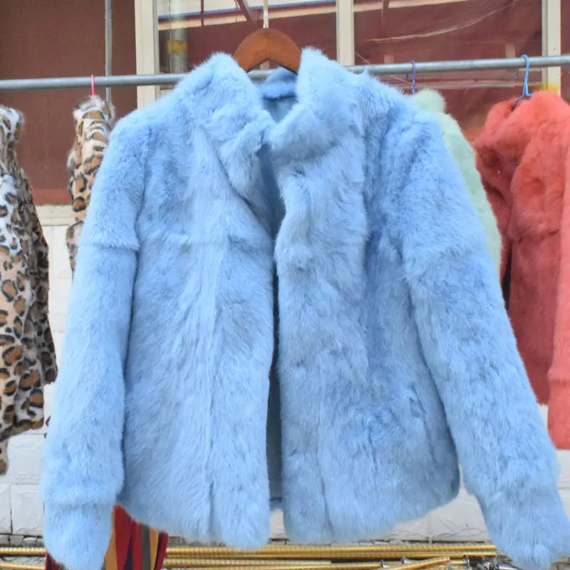 QUEENTINA Real Rabbit Fur Coat Woman Luxury Fashion Leather Autumn Winter Jacket Whole Skin 2023 For Female Natural Feather - Matrix Studios