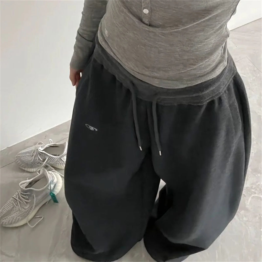 Oversize Woman Grey Black Sweatpants Y2K Korean Streetwear Loose Casual Jogger Pants High Waist All Match Drawstring Trousers - Matrix-studios.com