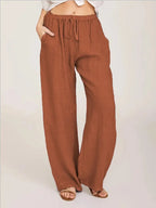 Women's Cotton Linen Pants Casual Loose Solid Elastic Waist Pocket Straight Trousers Ladies Oversize Wide Leg Pant Streetwear - Matrix-studios.com