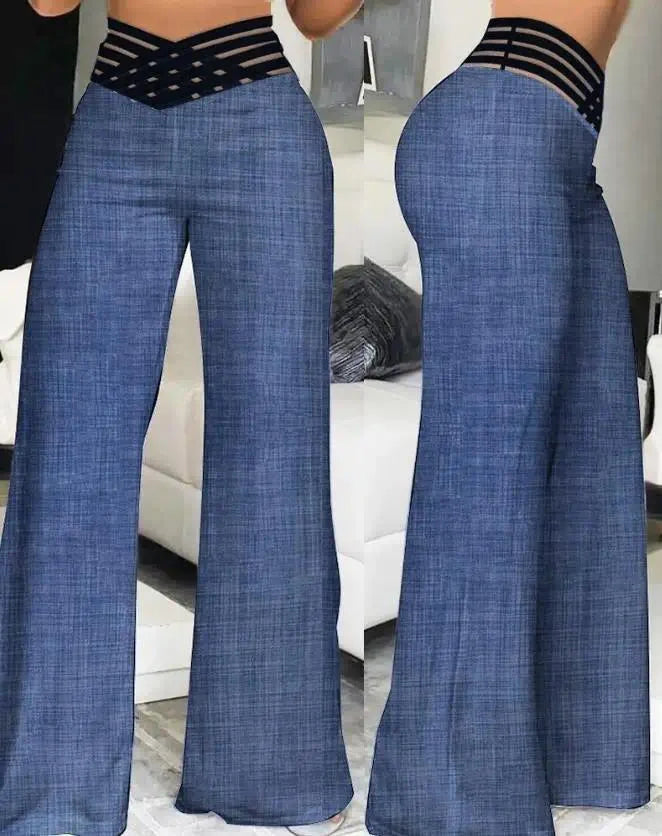 Women Wide Leg Flared Pants 2024 New Y2k Casual Crisscross Sheer Mesh Patch High Waist Trousers Elegant Streetwear Work Pants