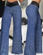 Women Wide Leg Flared Pants 2024 New Y2k Casual Crisscross Sheer Mesh Patch High Waist Trousers Elegant Streetwear Work Pants