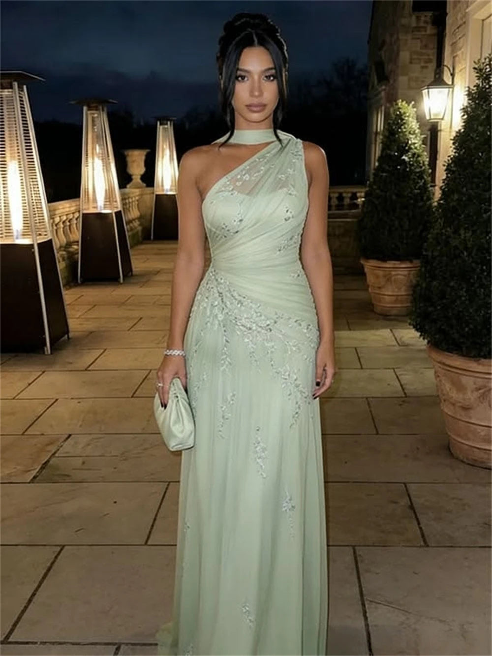 Mila Customized A-line Light Green Floral Embroidery Prom Dress One Shoulder Formal Evening Floor-length Vestidos De Fiesta 2026 - Matrix Studios