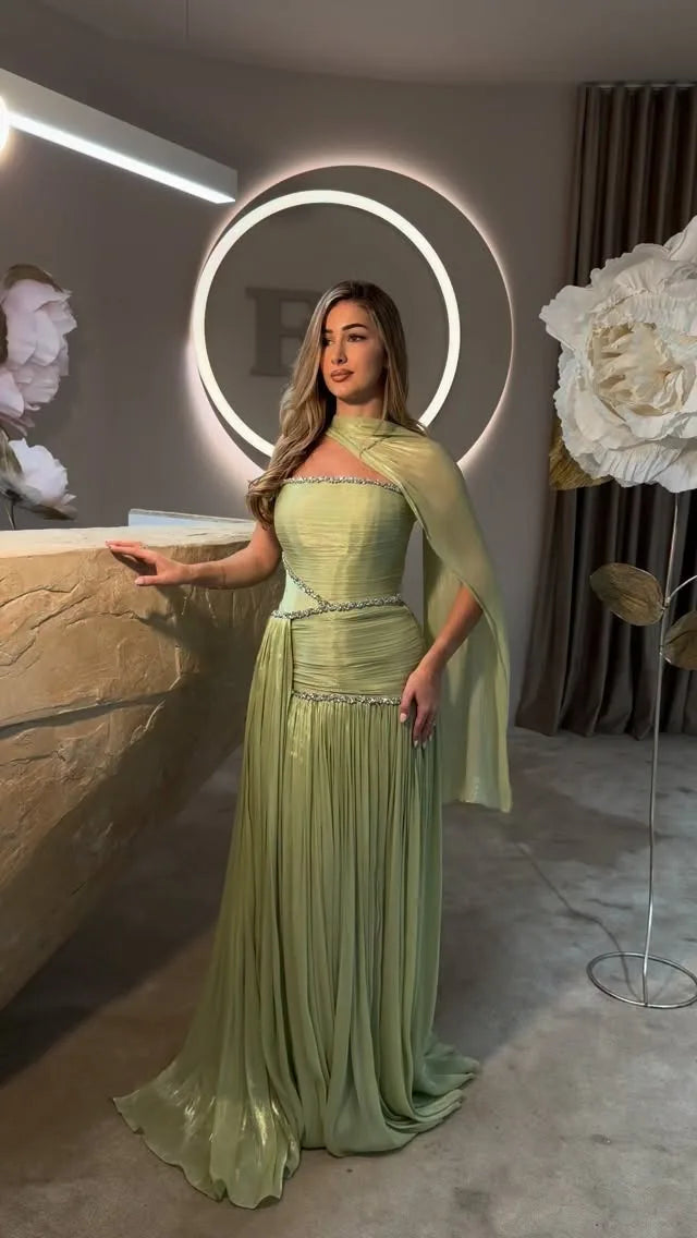 Mila Customized Sage Green A-Line Shawl Strapless Prom Dress Crystal Pleated Formal Evening Floor-Length Vestidos De Fiesta - Matrix-studios.com