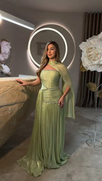 Mila Customized Sage Green A-Line Shawl Strapless Prom Dress Crystal Pleated Formal Evening Floor-Length Vestidos De Fiesta - Matrix-studios.com
