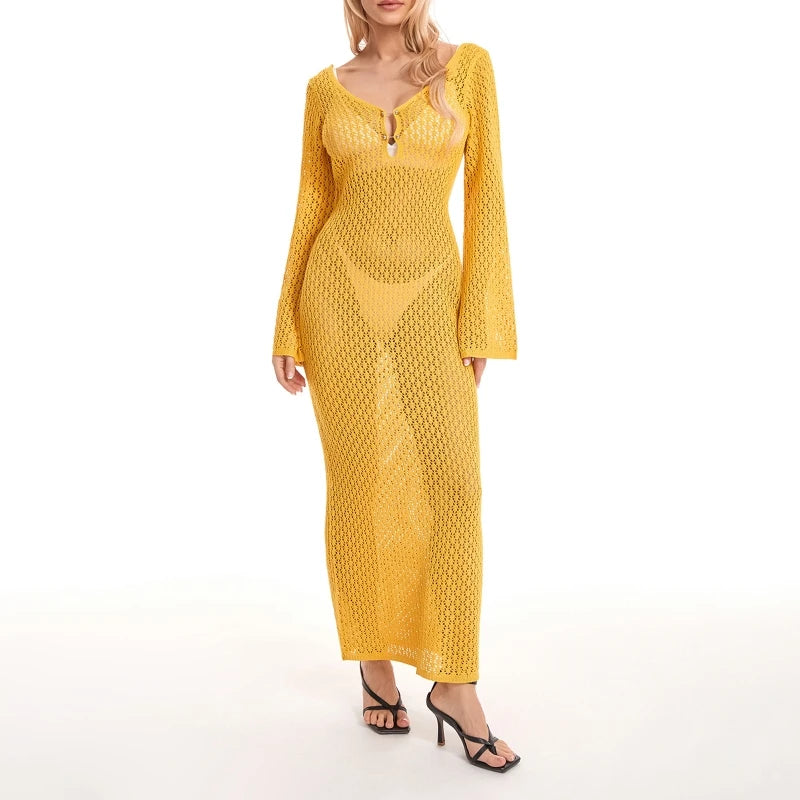 Yiiciovy Sexy Women Long Knit Beach Dress Hollow-Out Deep V-Neck Long Sleeve Bikini Cover-Ups Dress Fall Backless Holiday Dress - Matrix Studios