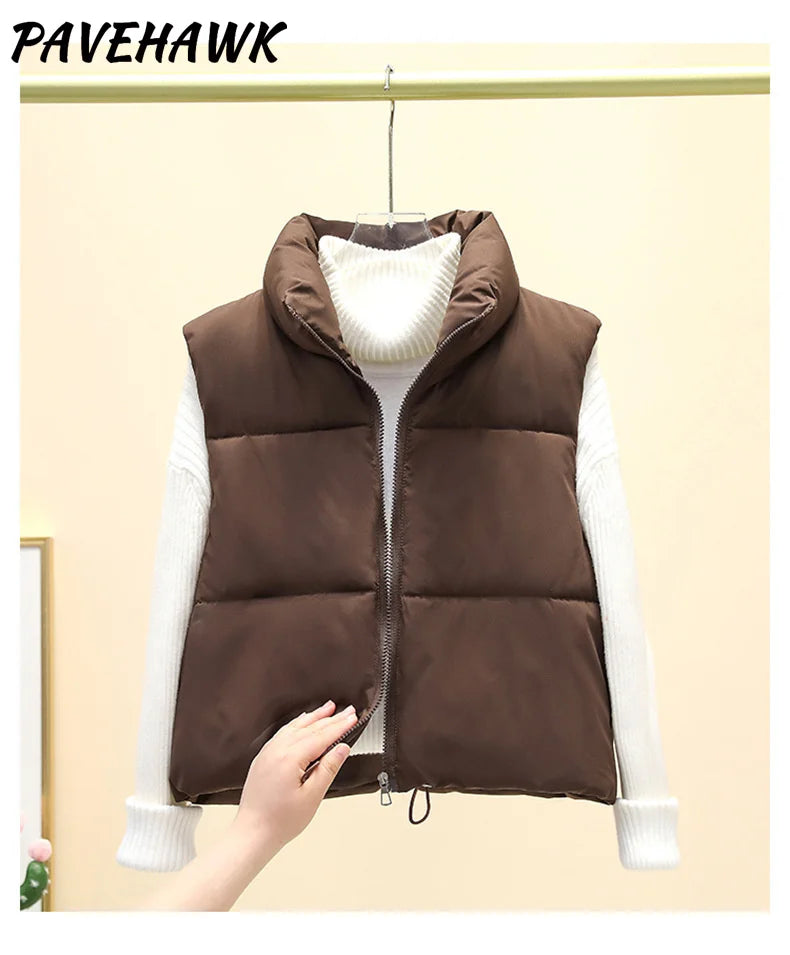 Women Short Cotton Down Vest Sleeveless Warm Stand Up Collar Outerwear Casual Winter Loose Basic Thick Jacket Female Clothes - Matrix Studios