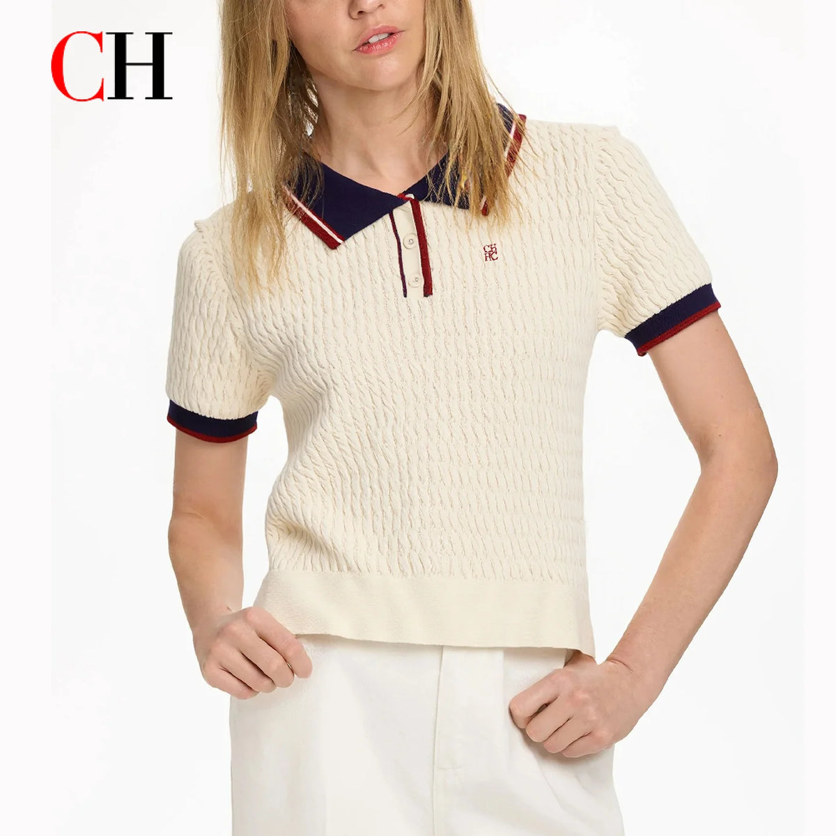 CH Solid Color Embroidered Knit Polo Shirt Women Elegant Short Sleeve Ribbed Trim Office Casual Tops - Matrix-studios.com