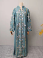 2025 Teal Muslim Abaya with Stand Collar and Exquisite Floral Embroidery Ideal for Islamic Festivities and Ramadan Celebrations - Matrix-studios.com