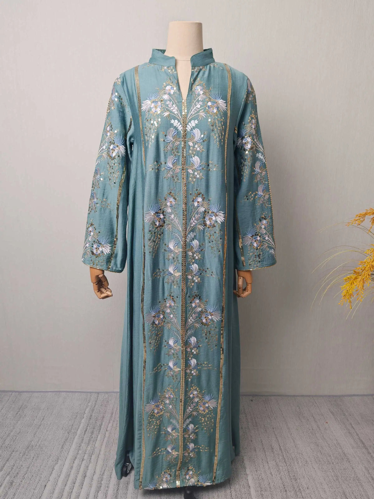 2025 Teal Muslim Abaya with Stand Collar and Exquisite Floral Embroidery Ideal for Islamic Festivities and Ramadan Celebrations - Matrix-studios.com