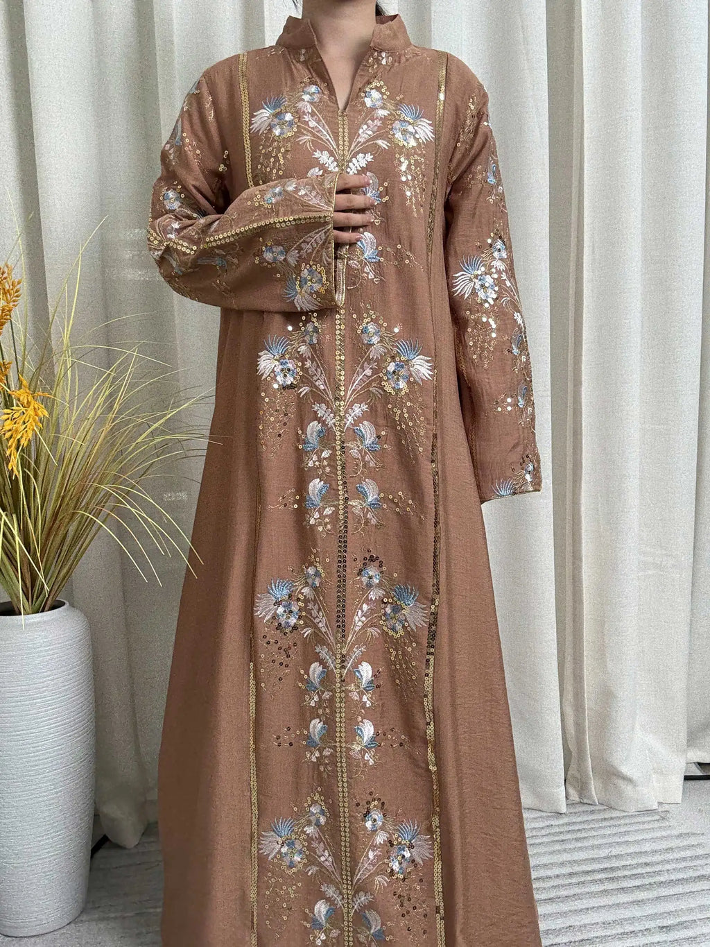 2025 Teal Muslim Abaya with Stand Collar and Exquisite Floral Embroidery Ideal for Islamic Festivities and Ramadan Celebrations - Matrix-studios.com