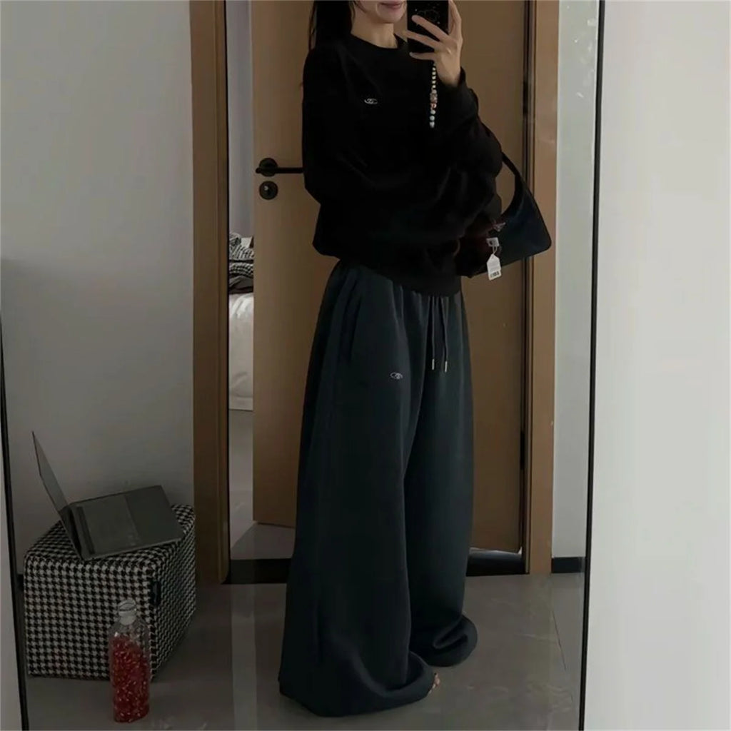 Oversize Woman Grey Black Sweatpants Y2K Korean Streetwear Loose Casual Jogger Pants High Waist All Match Drawstring Trousers - Matrix-studios.com