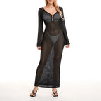 Yiiciovy Sexy Women Long Knit Beach Dress Hollow-Out Deep V-Neck Long Sleeve Bikini Cover-Ups Dress Fall Backless Holiday Dress - Matrix Studios