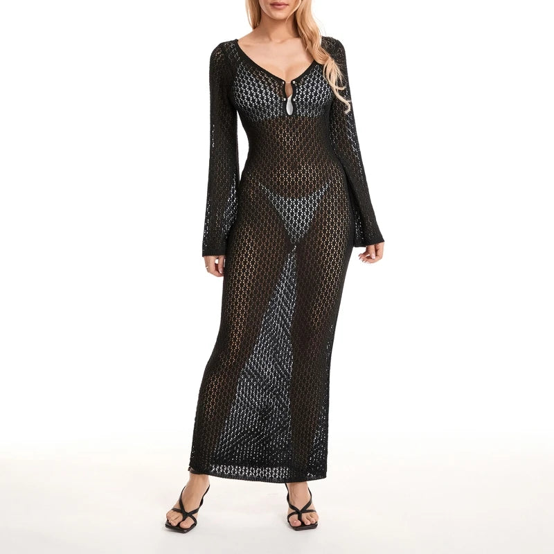 Yiiciovy Sexy Women Long Knit Beach Dress Hollow-Out Deep V-Neck Long Sleeve Bikini Cover-Ups Dress Fall Backless Holiday Dress - Matrix Studios