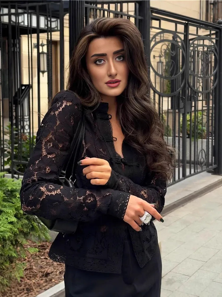 Ladies Vintage Lace Blouse Shirts Women Summer Hollow Out Casual Sand Collar Elegant Embroidery Puff Sleeve Sexy Top Shirts - Matrix-studios.com