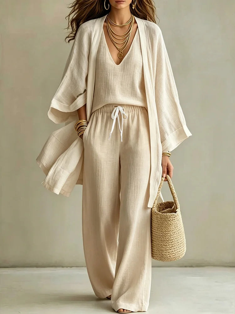 Women's 3 Piece Matching Set (Cardigan+Vest+Long Pants) V Neck Tank Wide Leg Pants Long Coat Casual Loose Vacation Commute Daily