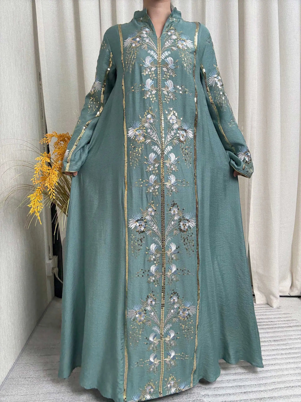 2025 Teal Muslim Abaya with Stand Collar and Exquisite Floral Embroidery Ideal for Islamic Festivities and Ramadan Celebrations - Matrix-studios.com