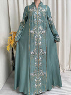 2025 Teal Muslim Abaya with Stand Collar and Exquisite Floral Embroidery Ideal for Islamic Festivities and Ramadan Celebrations - Matrix-studios.com