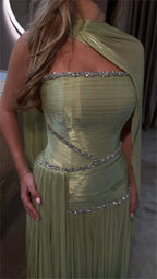 Mila Customized Sage Green A-Line Shawl Strapless Prom Dress Crystal Pleated Formal Evening Floor-Length Vestidos De Fiesta - Matrix-studios.com