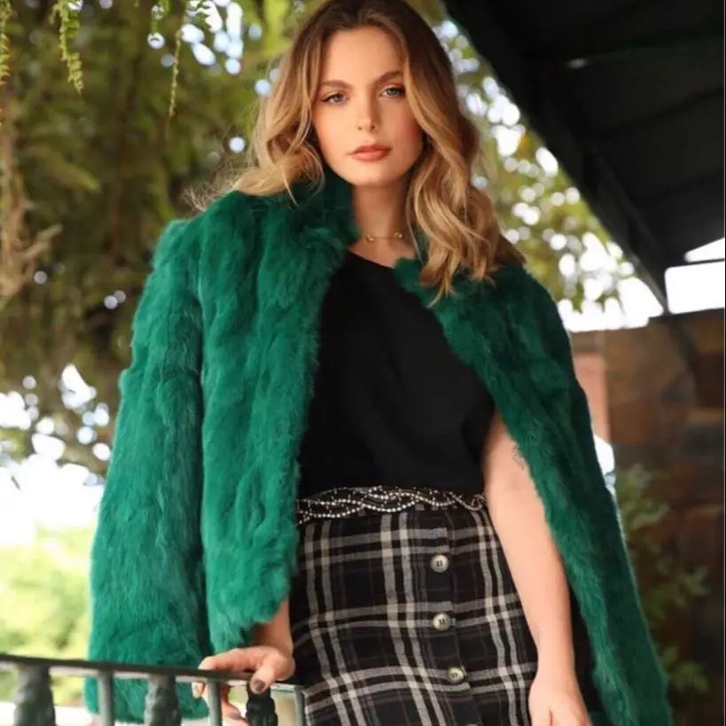 QUEENTINA Real Rabbit Fur Coat Woman Luxury Fashion Leather Autumn Winter Jacket Whole Skin 2023 For Female Natural Feather - Matrix Studios