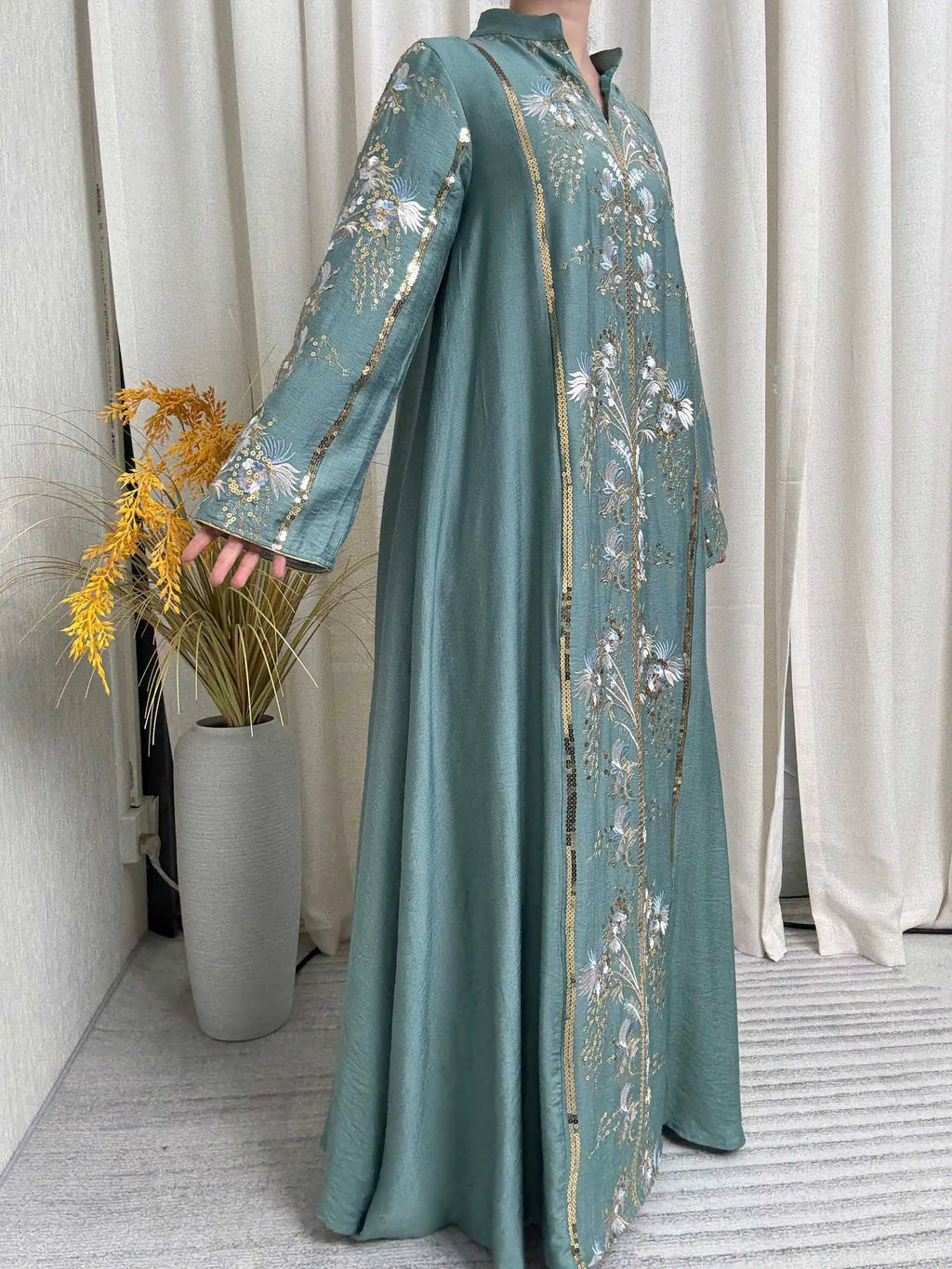 2025 Teal Muslim Abaya with Stand Collar and Exquisite Floral Embroidery Ideal for Islamic Festivities and Ramadan Celebrations - Matrix-studios.com