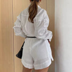 Women Long Sleeve 2 Pieces Sets Casual Simple Button Pockets Short Pant with Shirts Tops 2024 Summer Fashion Suit Female Outfits - Matrix-studios.com