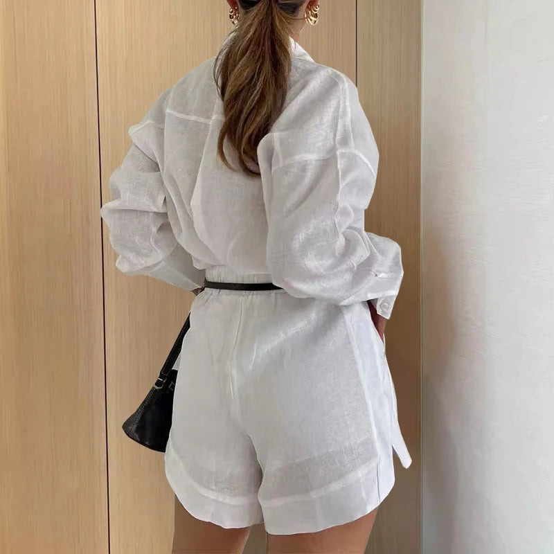 Women Long Sleeve 2 Pieces Sets Casual Simple Button Pockets Short Pant with Shirts Tops 2024 Summer Fashion Suit Female Outfits - Matrix-studios.com