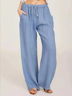 Women's Cotton Linen Pants Casual Loose Solid Elastic Waist Pocket Straight Trousers Ladies Oversize Wide Leg Pant Streetwear - Matrix-studios.com