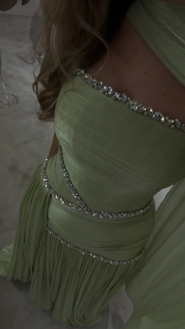 Mila Customized Sage Green A-Line Shawl Strapless Prom Dress Crystal Pleated Formal Evening Floor-Length Vestidos De Fiesta - Matrix-studios.com