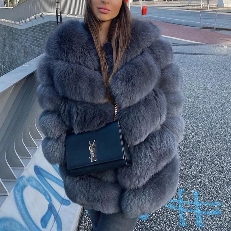 QUEENTINA  Natural Fox Fur Coats Fashion New Women's Very Warm And Stylish Jacket Vest Stand Collar Leather Coat Women Winter - Matrix Studios