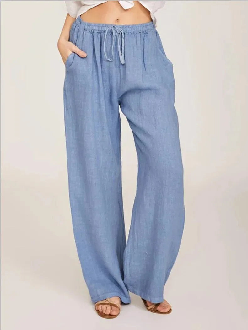Women's Cotton Linen Pants Casual Loose Solid Elastic Waist Pocket Straight Trousers Ladies Oversize Wide Leg Pant Streetwear