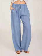 Women's Cotton Linen Pants Casual Loose Solid Elastic Waist Pocket Straight Trousers Ladies Oversize Wide Leg Pant Streetwear