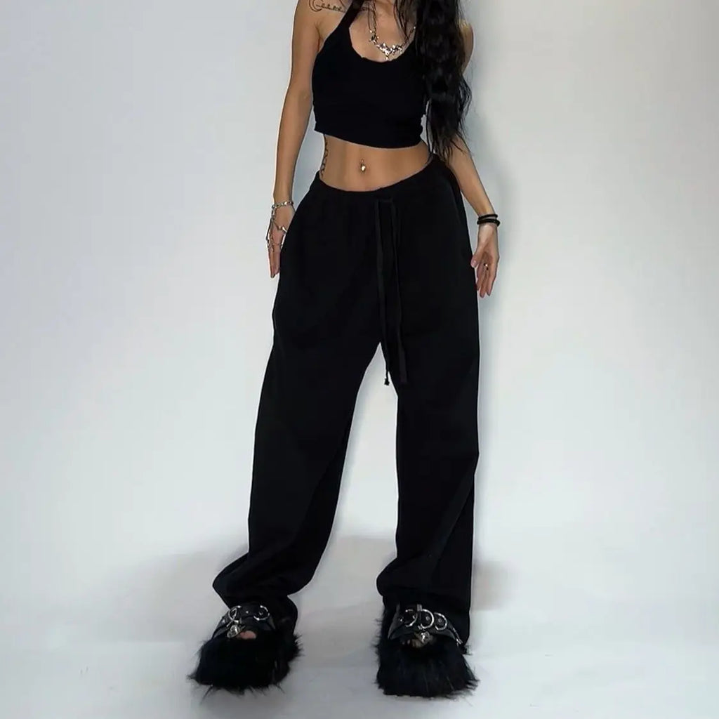 Oversize Woman Grey Black Sweatpants Y2K Korean Streetwear Loose Casual Jogger Pants High Waist All Match Drawstring Trousers - Matrix-studios.com