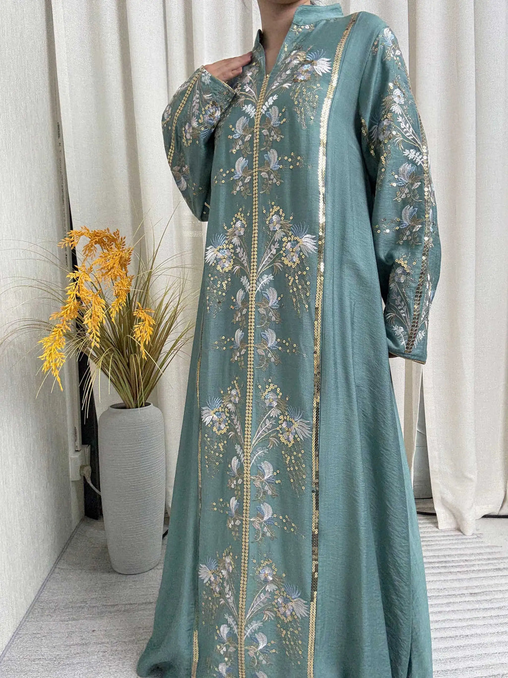 2025 Teal Muslim Abaya with Stand Collar and Exquisite Floral Embroidery Ideal for Islamic Festivities and Ramadan Celebrations - Matrix-studios.com