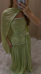 Mila Customized Sage Green A-Line Shawl Strapless Prom Dress Crystal Pleated Formal Evening Floor-Length Vestidos De Fiesta - Matrix-studios.com