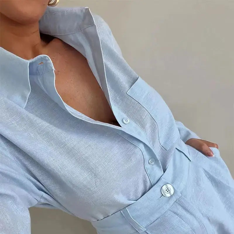 Women Long Sleeve 2 Pieces Sets Casual Simple Button Pockets Short Pant with Shirts Tops 2024 Summer Fashion Suit Female Outfits - Matrix-studios.com