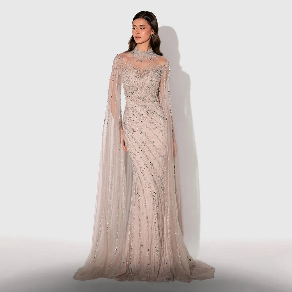 Eshaut&bridal Luxury Beaded Evening Dress Cape Sleeve Dubai Sheer Neck Mermaid Formal Prom Wedding Party Gown Customized 2026 - Matrix Studios