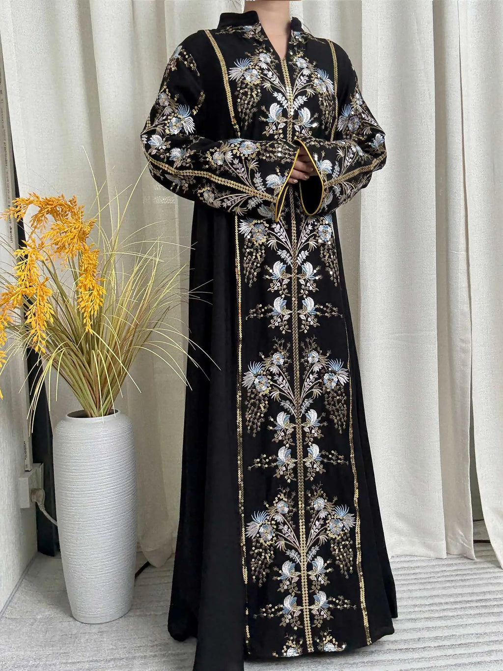 2025 Teal Muslim Abaya with Stand Collar and Exquisite Floral Embroidery Ideal for Islamic Festivities and Ramadan Celebrations - Matrix-studios.com
